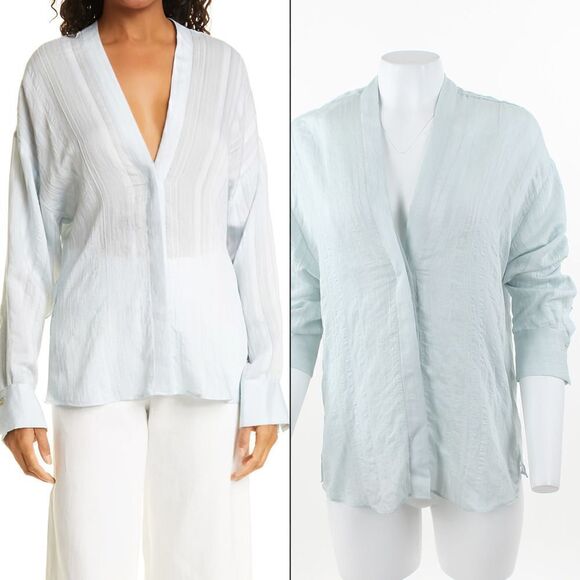 Vince Tonal Stripe V-Neck Blouse in Mint - Picture 1 of 5